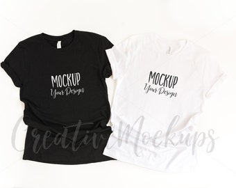 Download Free Bella and Canvas Black and White His and Hers T-Shirt Mockup 3001 / Basic Flat Lay Shirt Mockups / Couple's Mockups / Bridal Mockups PSD Template