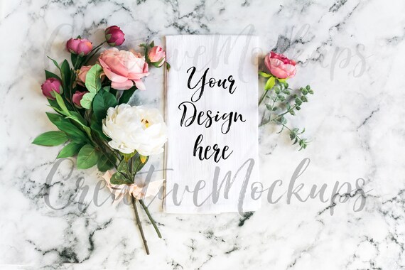 Tea Towel Mockup On Marble Background White Flour