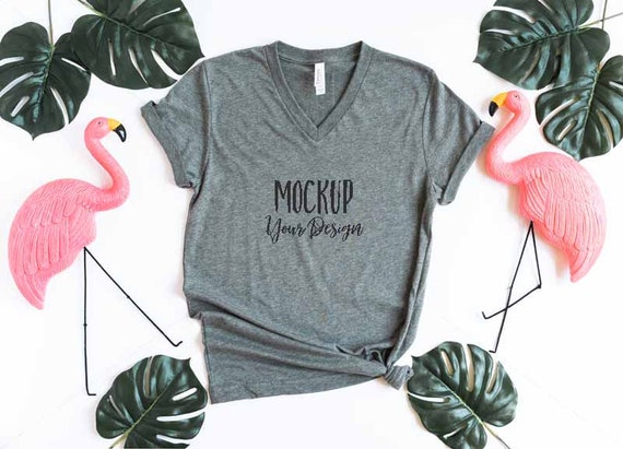 Flamingo Style Gray Vneck Shirt Mockup Bella Flamingo Style Gray Vneck Shirt Mockup Bella