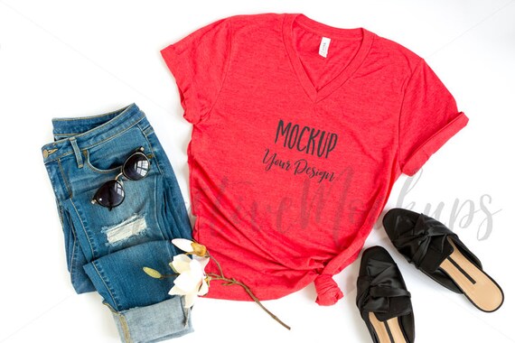 Bella  Canvas Heather Red Vneck 3005 Shirt Mockup