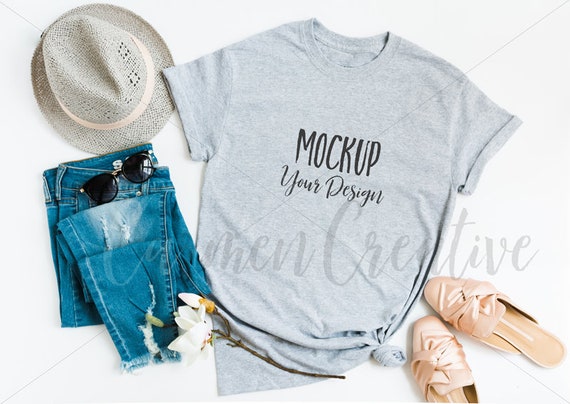 Gray T-Shirt Mockup Gildan Apparel Mockup Feminine