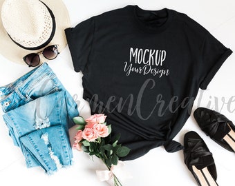 Download Free Gildan Black T Shirt Mockup Feminine Apparel Mockup Shirt Flat Lay Photo 4 444 3d Mockups Free Downloads PSD Mockup Template