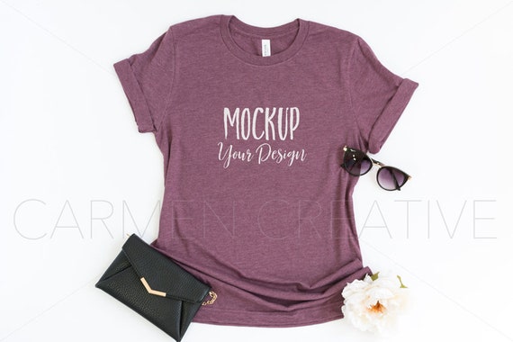 Bella Canvas Heather Maroon Unisex Shirt Mockup 3001 Bella