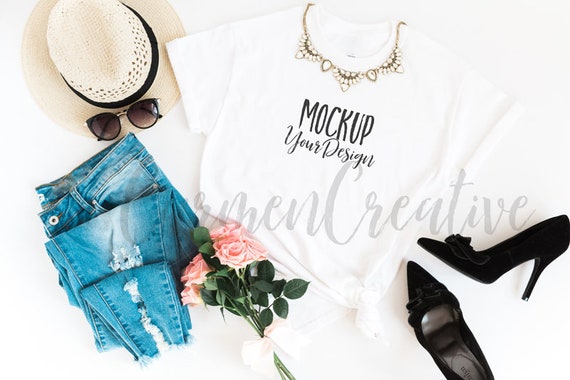 Gildan White T-Shirt Mockup With Necklace Feminine Apparel