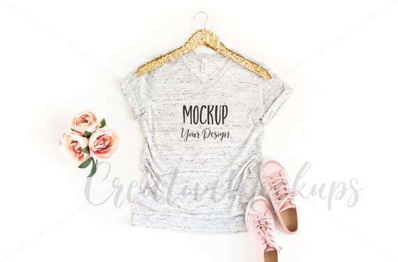 White Marble Vneck Shirt Mockup With Gold Hanger