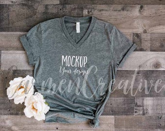 Download Free Bella and Canvas Gray V-neck Shirt Mockup 3001 with Flowers / Basic Apparel Mockup on Wood Background / Flat Lay Shirt Photo PSD Template