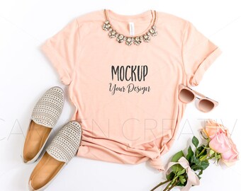 Download Free Bella and Canvas Heather Peach Unisex Shirt 3001, Bella Canvas Shirt Mockup, Flat Lay Shirt PSD Template