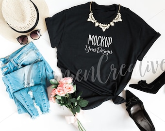 Download Free Gildan Black Shirt Mockup / Feminine Apparel Mockup with Stilettos / Shirt Flat Lay Photo PSD Template