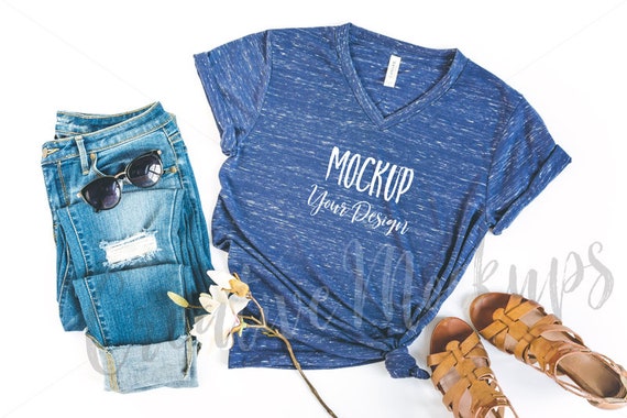 Bella  Canvas Navy Marble Vneck 3005 Shirt Mockup