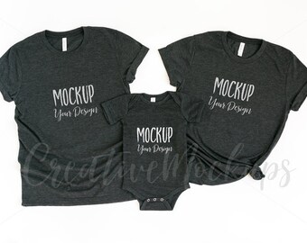 Download Free Bella And Canvas Dark Grey Heather Mom Dad And Me Shirt Mockup PSD Mockup Template