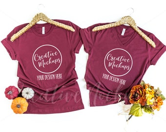 Download Free Bella and Canvas Maroon Crew Neck + V-Neck Shirt Mockup 3001 / His and Hers Shirt Fall Mockups with Gold Hangers / Sister Mockups PSD Template