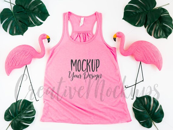 Neon Pink Flowy Racerback Tank Top Mockup With Flamingos