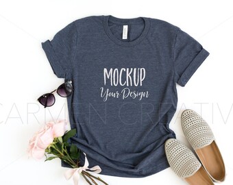 Download Free Bella and Canvas Heather Navy Unisex Shirt Mockup 3001, Bella Canvas Shirt Mockup, Flat Lay T-Shirt and Pink Roses PSD Template