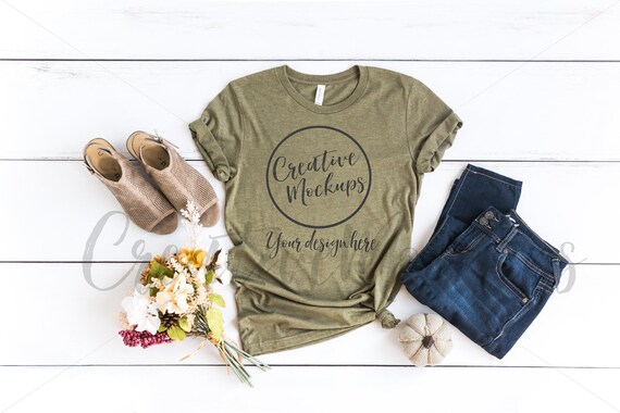 Bella  Canvas Heather Olive Fall Shirt Mockup 3001