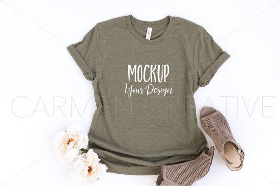 Bella Canvas Heather Olive Unisex Shirt Mockup 3001 Bella