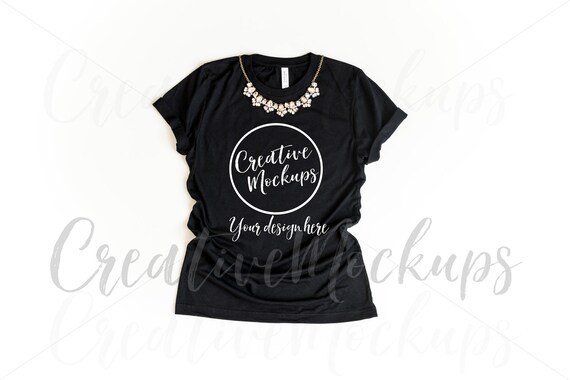 Bella  Canvas Black Shirt Mockup With Necklace 3001 Bella  Canvas Black Shirt Mockup With Necklace 3001