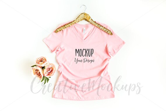 Bella And Canvas Pink Vneck Shirt Mockup 3005 With Bella And Canvas Pink Vneck Shirt Mockup 3005 With