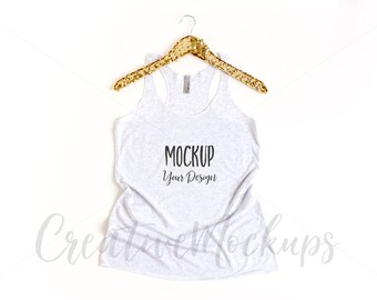 Download Next Level Heather White Tank Top Mockup with Gold Hanger ...