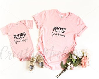 Download Free Bella and Canvas Pink Mommy and Me Shirt & Bodysuit Mockup 3001 + 100B / Flat Lay Shirt Mockup / Mommy and Gender Neutral Mockup PSD Template