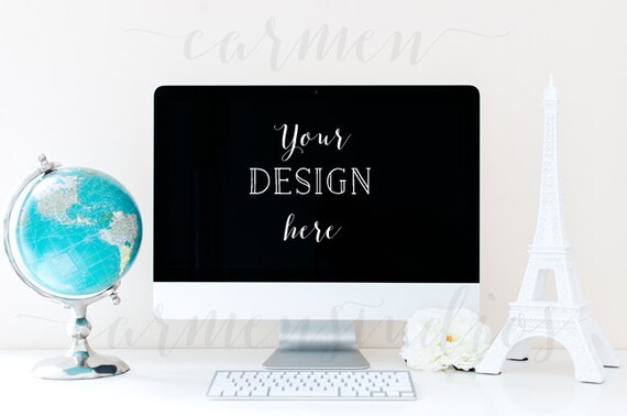 Desktop Styled Mockup Photography Imac Globe Eiffel Tower Branding