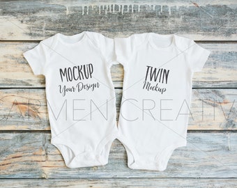 Download Set Of 2 Gender Neutral Baby Girl Bodysuit Mockups Twin Bodysuit Mockups On Wood Product Background Digital Download Packaging Psd Mockups PSD Mockup Templates