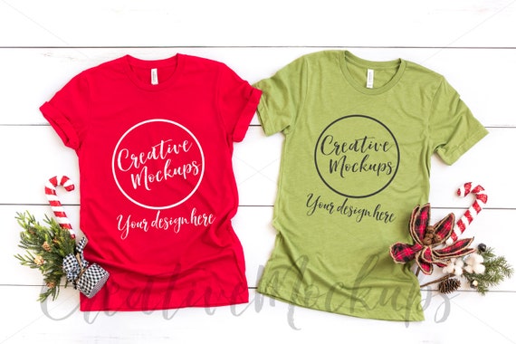 Bella Canvas Red And Heather Green Shirt Mockups 3001