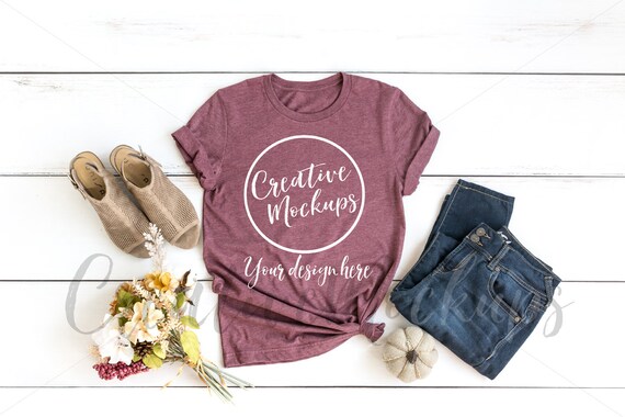 Bella  Canvas Heather Maroon Fall Shirt Mockup 3001