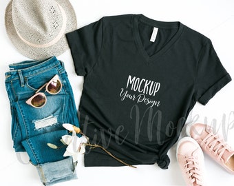 Download Free Bella + Canvas Dark Gray V-Neck 3005 Shirt Mockup with Pink Sneakers / Bella Canvas Flat Lay Mockup / Black V-neck Shirt Mockup PSD Template