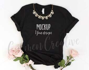Download Free Bella + Canvas Black Unisex Shirt Mockup 3001 / Bella Canvas Feminine Shirt Mockup + Necklace / Flat Lay Black Shirt Photo PSD Template