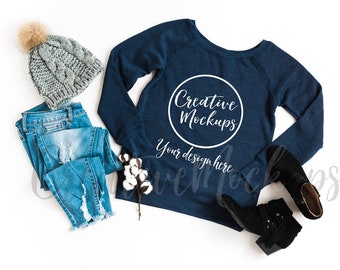 Download Free Bella and Canvas Ladies' Blue Triblend Sweatshirt 7501 / Sponge Fleece Sweatshirt Mockup / Feminine Flat Lay Mockup PSD Template