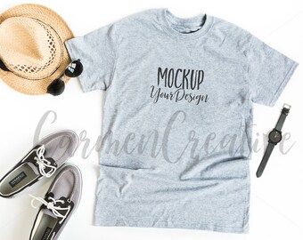 Download Free Gildan Gray T Shirt Mockup Masculine Apparel Mockup Shirt Flat Lay Photo Get Quality Mockups Psd Png From Yellow Images PSD Mockup Template
