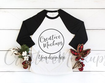 Download Free Bella and Canvas Christmas Black Raglan Shirt Mockup 3200 / Holiday Red Unisex 3/4-Sleeve Baseball / Unisex Holiday Mockups PSD Template
