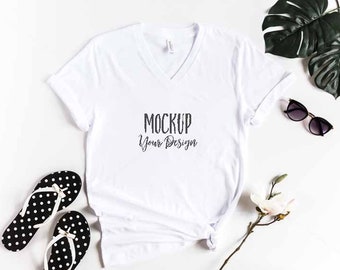 Download Free White V-Neck Shirt Mockup / Bella + Canvas White V-Neck Shirt Mockup / Tropical Shirt Mockup PSD Template
