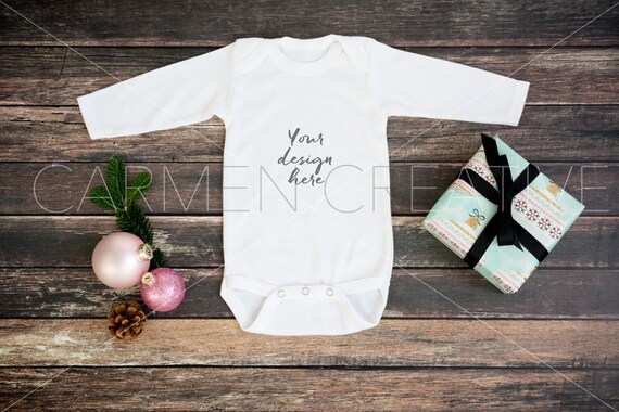 Christmas Baby Girl Long Sleeve Bodysuit Mockup Long Christmas Baby Girl Long Sleeve Bodysuit Mockup Long