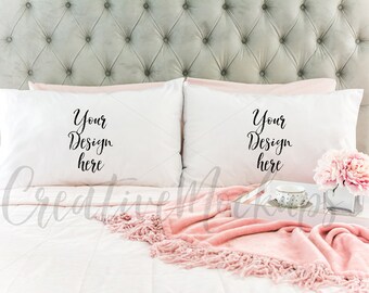 His & Hers Standard White Pillow Mockup on Tufted Gray Background