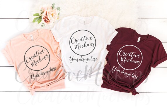 Bella  Canvas White Heather Peach Maroon Shirt Mockups