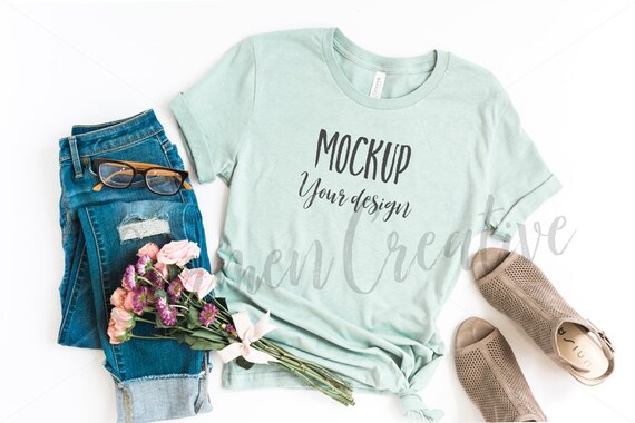 Bella Canvas Heather Dusty Blue Shirt Mockup Bella
