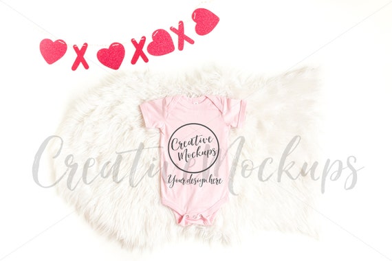 Bella  Canvas Pink Valentine Baby Bodysuit Mockup 100b