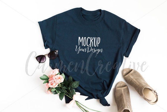 Gildan Navy Simple T-Shirt Mockup Feminine Apparel Mockup
