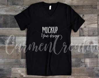 Download Free Bella + Canvas Black V-Neck Shirt Mockup 3001 / Basic Apparel Mockup on Wood Background / Flat Lay Shirt Photo PSD Template