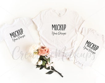 Bella and Canvas Mommy and Me Shirt Mockup 3001, 3001T, 100B / Flat Lay Shirt Mockups / White Shirt Mockup with Flowers