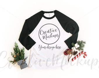 Bella and Canvas Christmas Black & White Raglan Shirt Mockup 3200 / Holiday Black and White 3/4-Sleeve Baseball / Unisex Holiday Mockups
