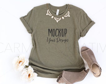 Download Free Bella + Canvas Heather Olive Unisex Shirt Mockup 3001, Bella Canvas Shirt Mockup, Flat Lay Shirt Photo with Rhine Stone Necklace PSD Template
