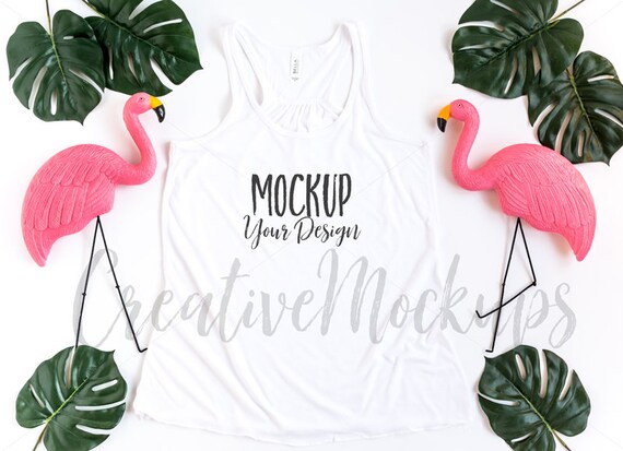 White Flowy Racerback Tank Top Mockup With Flamingos Bella Etsy