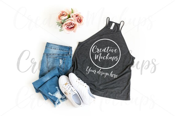 Bella Canvas Heather Dark Grey Flowy High Neck Tank Top Mockup Etsy