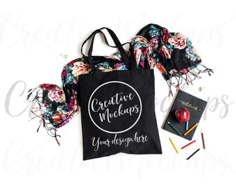 Black Canvas Tote Mockup / Shopping Tote Mockup / Teacher Tote Mockup / Artists Tote Mockup / Flat Lay Product Mockup