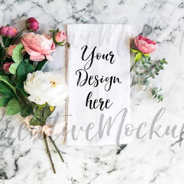 Tea Towel Mockup on Marble Background / White Flour Sack Towel Mockup with Flowers / Farmhouse Mockups / Digital Photo Download