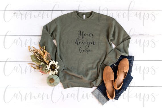 Bella Canvas Military Green Sweatshirt 3945 Feminine Flat Etsy