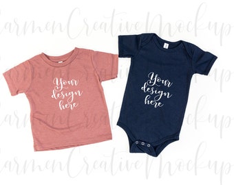 Bella + Canvas Mauve Triblend Toddler Shirt Mockup 3413B + Navy Bodysuit 100B / Gender Neutral Siblings Mockup / Product Photo Download