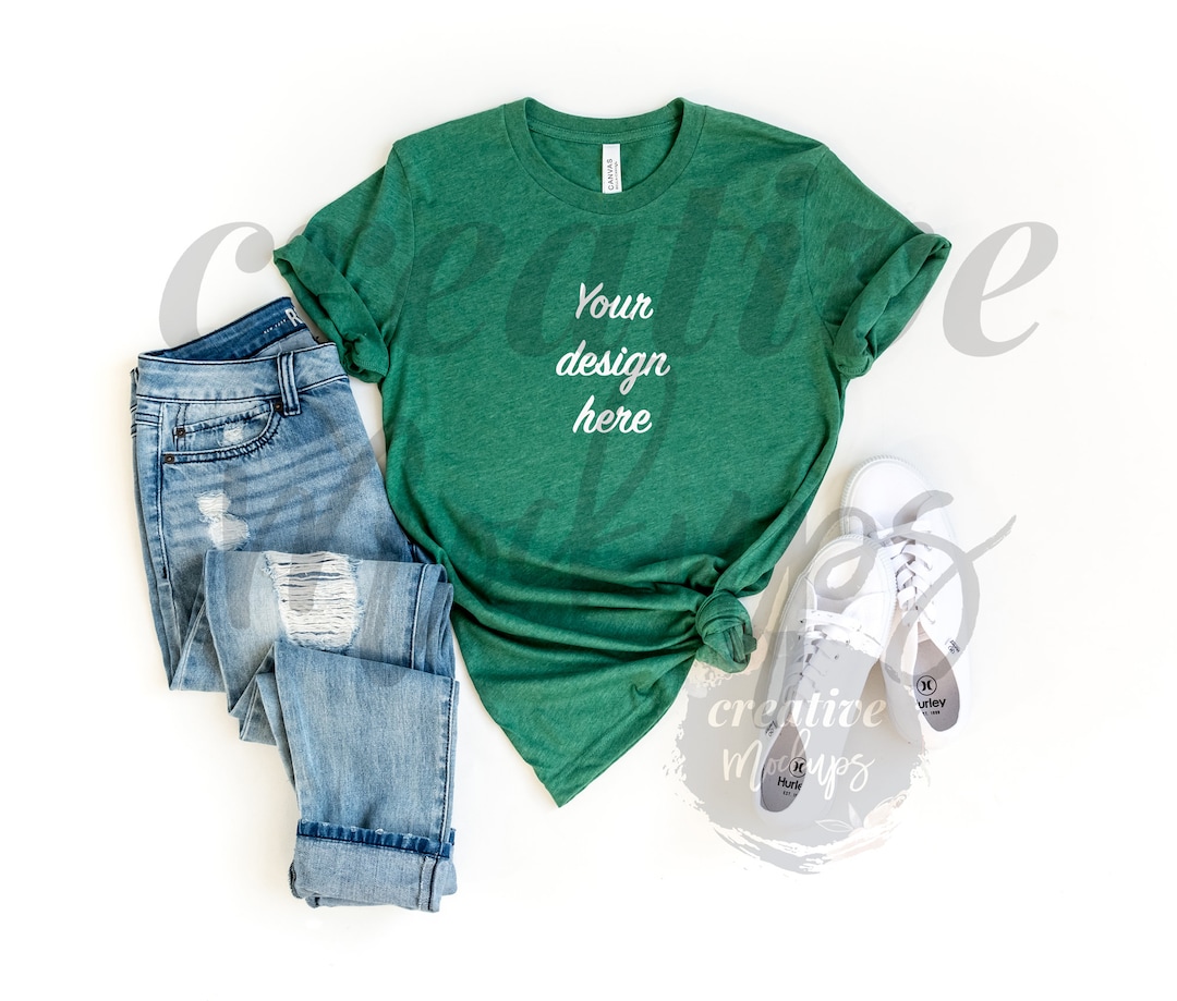 Bella Canvas Heather Grass Green T-shirt Mockup 3001CVC / Feminine Flat ...